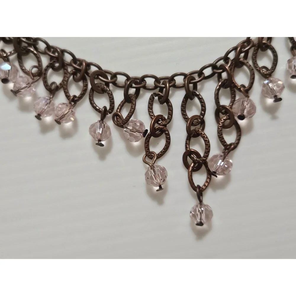 Mary Luna by Lourdes Trejo Pink Crystal Bib Necklace and Earring Set Copper Tone